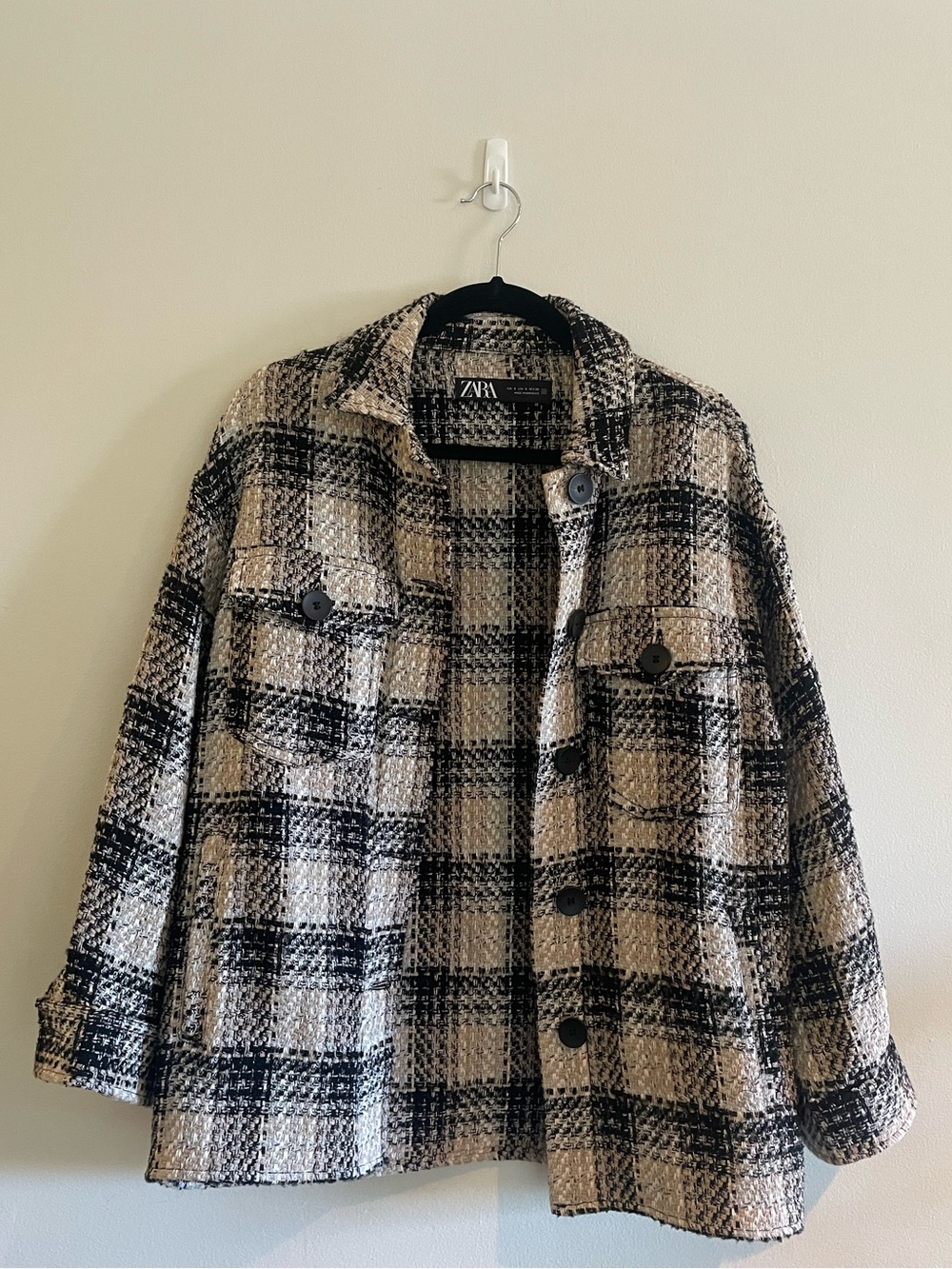 Zara Black & Cream Plaid Bouclé Shacket